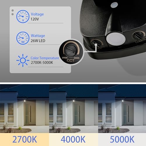 26W Flood Lights Outdoor, CCT Integrated LED Security Light Fixture, 1 Head Exterior LED Outdoor Light with Dusk to Dawn Control, ETL Water Resistant for Garage, Yard, Porch (Black) - Image 4