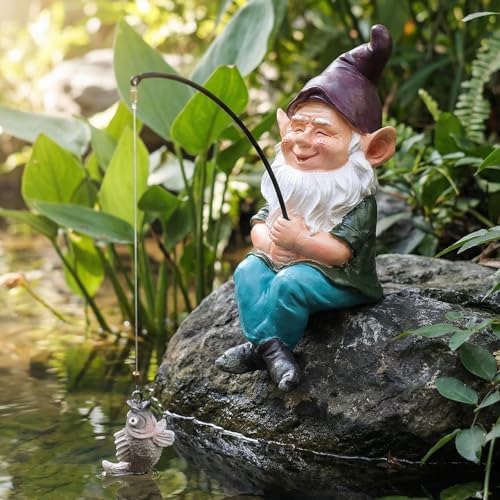 Garden Gnome Fishing Statue, 9.7" Koi Pond Decor with Glow in Dark Pebbles, Great Gift for Mom by GardenWhisper
