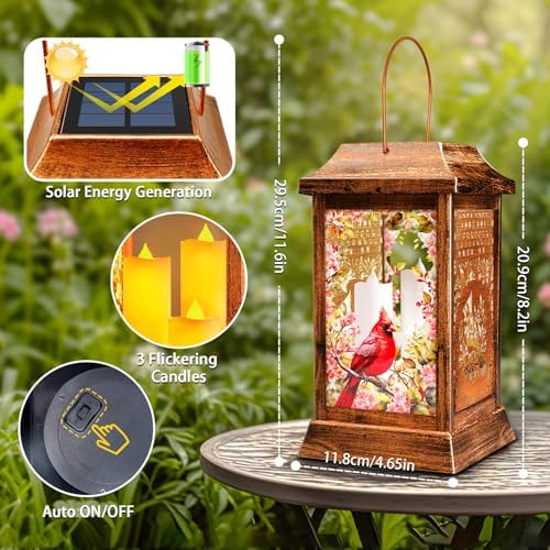 Cardinal Solar Lanterns Outdoor Waterproof, Metal & Glass Hanging Lights Garden Decor, Birthday Gifts for Women Mom Grandma Mothers Day, Decorative Lights for Outside Yard Patio Backyard Porch - Image 4