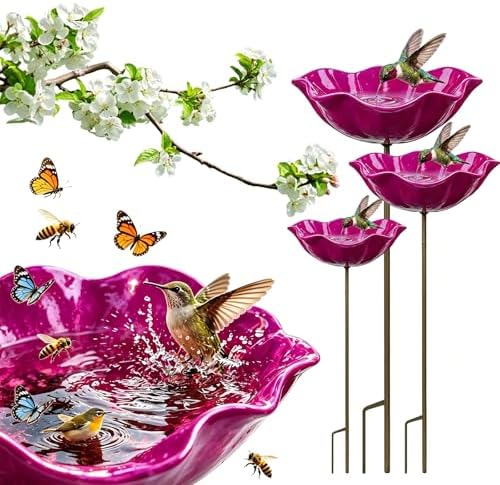 Metal Flower Garden Stakes Bird Bath, Handmade Bee Watering Station for Garden Outside, Mini Pollinator Water Station, Metal Flower Bird Bath Garden Stakes (Pink, 3PCS) by Unknown
