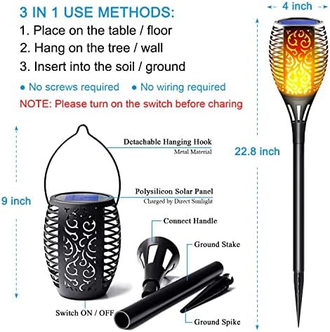 Solar Torch Light with Flickering Flame, Solar Fire Lights Outdoor Waterproof, 3 in 1 Auto On/Off Dusk to Dawn Christmas Landscape Decorations Garden Pathway Hanging Lanterns (12 Pack) - Image 4