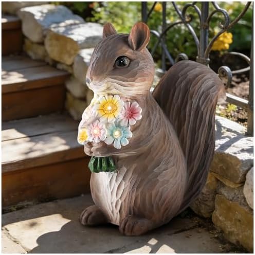 8" Solar Squirrel Garden Statue with Flower Lights, Resin Squirrel Holding Flowers Outdoor Decor, Waterproof Solar Powered Animal Statue for Yard, Lawn, Garden by Unknown