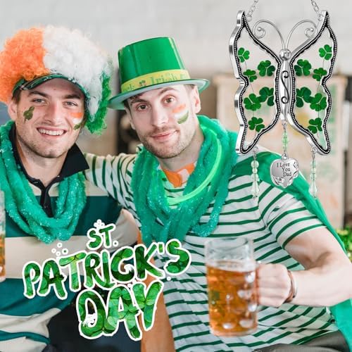 KY&BOSAM St Patrick's Day Shamrock Butterfly Suncatchers I Love You Dad Gifts Ornament Glass Irish for Windows Hanging Wind Chiem with Real Flower Wings Brithday Gifts for Dad Father`s Day Christmas - Image 2