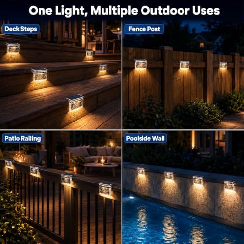 Qualdout Solar Deck Lights 8 Pack, IP65 Waterproof Solar Step Lights Outdoor, Warm White Solar Fence Lights with Crystal Acrylic Lens, Dusk to Dawn LED Lights for Stairs, Railing, Patio, Pool, Yard - Image 6