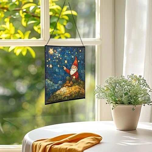 Gnome Stargazing Hill Stained Glass Suncatcher – Square Hanging Window Panel for Home or Greenhouse – Whimsical Glass Art Gift for Garden Lovers, Christmas, Halloween, Father Days CPnjtO - Image 3