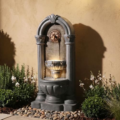 33.36" Outdoor Wall Fountain with LED Lights, Flat Back Water Fountain Outdoor Freestanding, Cascading Waterfall Feature for Patio Backyard Yard Garden Porch Courtyard - Image 2