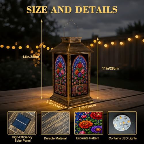 Solar Lantern Outdoor Waterproof Stained Glass Garden Decor LED Hanging Solar Lights Tabletop Lamp Gifts for Women Mom Outside Yard Patio Porch - Image 2