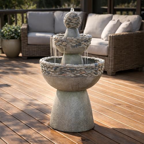 Teamson Home 36.5 in. Outdoor 3-Tier Zen-Style Pedestal Water Fountain in. with Stone Trim with Pump and 2.64 Gallon Capacity, Stone Gray - Image 2