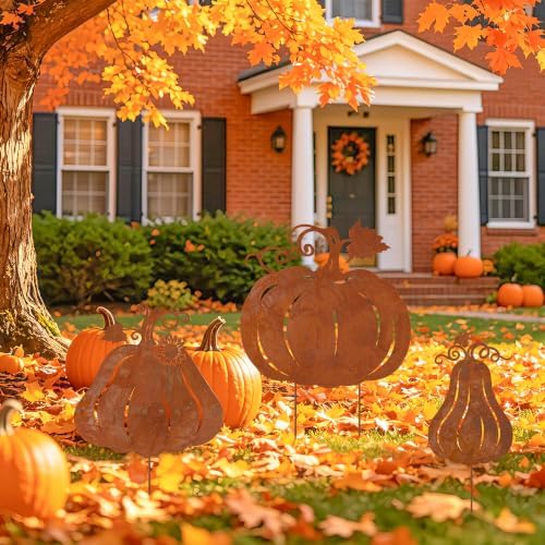 WATINC Thanksgiving Metal Yard Stakes - 3pcs Fall Rustic Pumpkin Decoration - Image 4