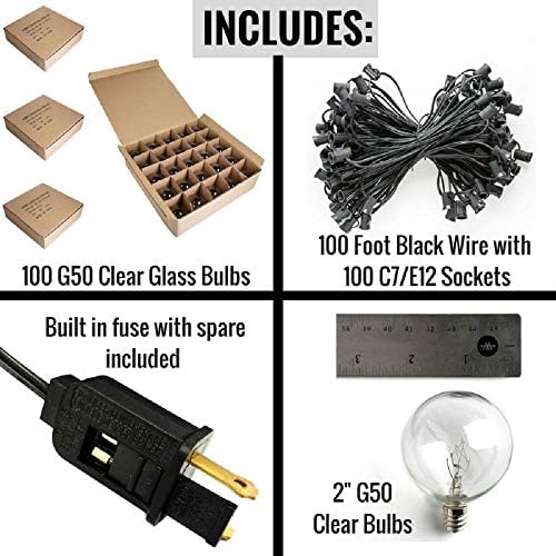 100 Foot Outdoor String Lights with G50 Clear 2 Inch Bulbs - Black Wire - Image 7