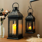 JHY DESIGN 13''&19.5''H Decorative Candle Lanterns Set of 2 Vintage Hanging Lantern Metal Candle Holder for Garden Living Room Indoor Outdoor Parties Weddings Balcony(Black with Gold Brush) - Image 6