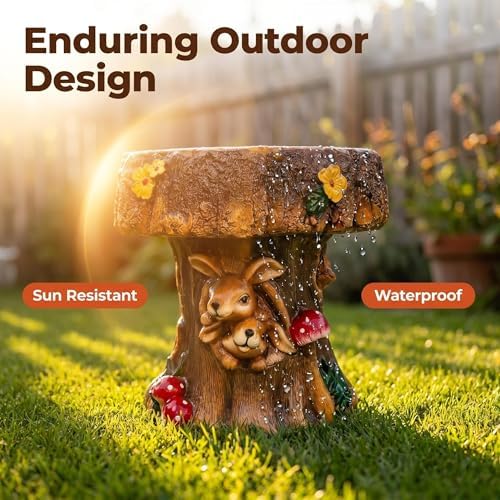 Brown Outdoor Garden Mushroom Stool with Rabbit Carvings - Image 6