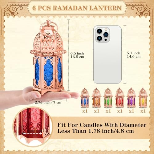Mumufy 6 Pcs Moroccan Lantern Ramadan Lantern Eid Mubarak Decor, Rose Gold - Image 2