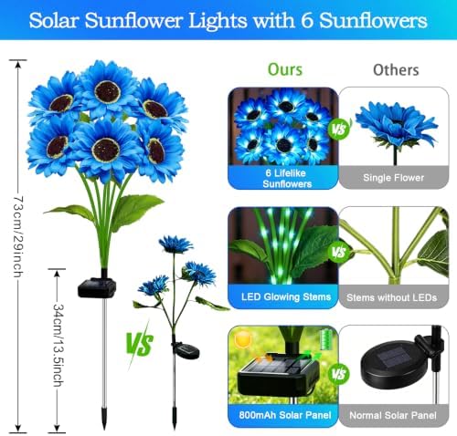 MRHEPHAESTUS Solar Garden Lights Outdoor, 4 Pack Solar Blue Sunflower Lights with 24 Head 3.5 Inch Flowers, Waterproof Flowers Light Fall Decor Auto ON/Off for Garden Yard Patio, Gifts for Mom Women - Image 2