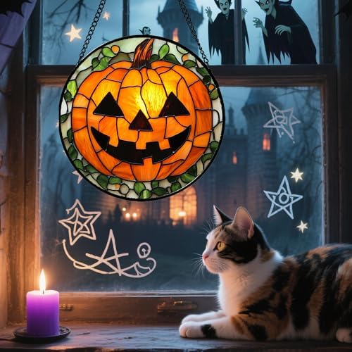 Stained Glass Window Hanging, Halloween Pumpkin Suncatcher, 11.8" Jack-o'-Lantern Ornament & Garden Decor, Christmas Stocking Stuffer, Birthday for Women Mom Grandma Nana - Image 2