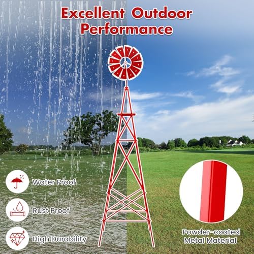 Goplus 8 ft Ornamental Windmill, All-Weather Metal Wind Mill w/ 4 Support Legs, Decorative Weathervane for Backyard, Garden, Farm, 4 Ground Stakes Included (Red) - Image 3