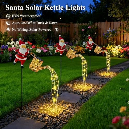 Christmas Solar Kettle Lights Garden Lawn Decorative Lights, Christmas Solar Kettle Lights, Outdoor Waterproof Hanging Metal Watering Can with LED Light for Gardens Lawn Patio (Warm Color) - Image 5