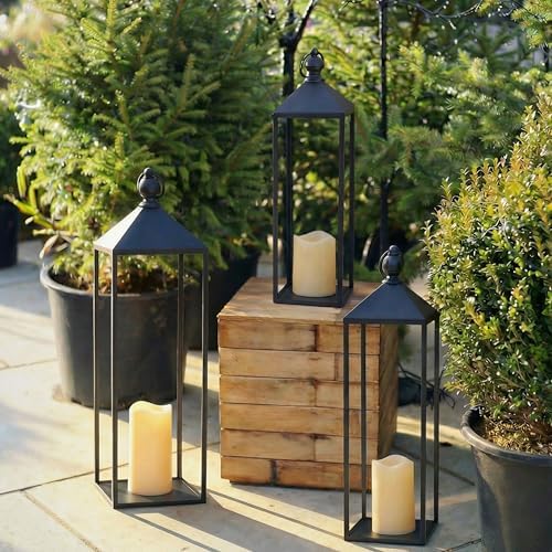 Perfnique Decorative Lanterns for Indoor & Outdoor, Set of 3 Black Metal Lanterns (22" & 19" & 17") with LED Timer Flameless Candles, Farmhouse Modern Decor for Front Porch, Patio, Garden, Mantle - Image 4