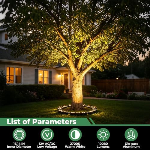 Gardencoin Outdoor Ring Tree Lights, 12V 72W Aluminum LED Landscape Uplighting for Trees, 2700K Warm White, Low Voltage IP65 Waterproof, 16.14" Inner Diameter, 10080 Lumens, Set of 6 - Image 2
