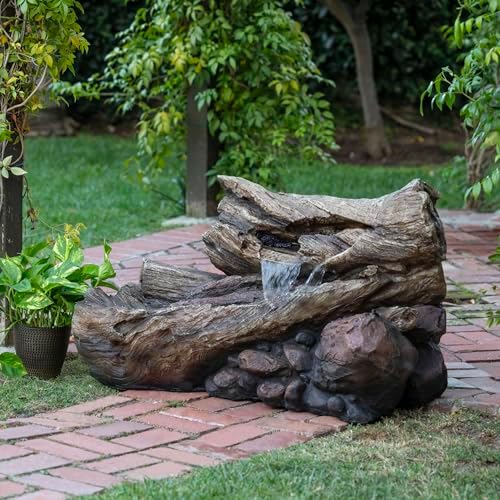 Alpine Corporation 24" Tall Outdoor 2-Tier Fallen Tree Trunk Water Fountain with LED Lights, Rustic Cascading Design for Garden, Patio & Yard Decor, Beige - Image 2