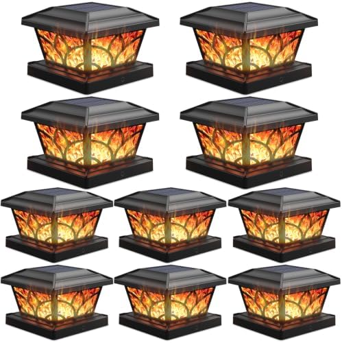 SIEDiNLAR Flickering Flame Solar Post Cap Lights 4 Modes 10 Pack (Black) by Siedinlar