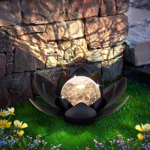 Huaxu Solar Lights Outdoor Garden Decor Metal Black Lotus Decoration, Crackle Globe Glass Waterproof LED Outside Table Lamp for Patio,Lawn, Yard,Walkway,Tabletop,Ground Gifts for Mom - Image 7