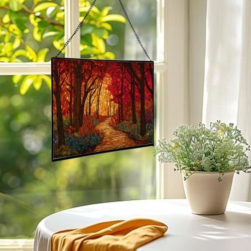 Path Through Glowing Autumn Forest Rectangular Stained Glass Suncatcher – Hanging Window Panel with Animal & Nature Scene – Vibrant Glass Art Gift for Wildlife, Fantasy, Nature Lovers 1GorZh - Image 2