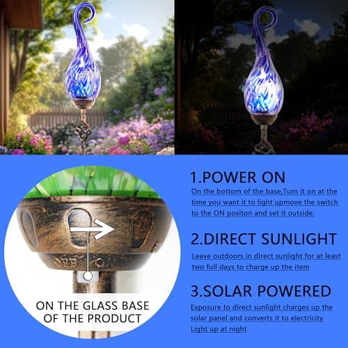 Garden Solar Lights Outdoor, Decorative LED Pearlized Glass Spiral Garden Stake with Finial, Hand Blown Glass and Metal Outdoor Decoration, 3 x 36 Inch (Dark Blue) - Image 3