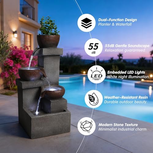 Tiered Cascading Jar Waterfall Outdoor Water Fountain, Resin Garden Water Feature with LED Lights for Patio & Garden Decor - Image 6