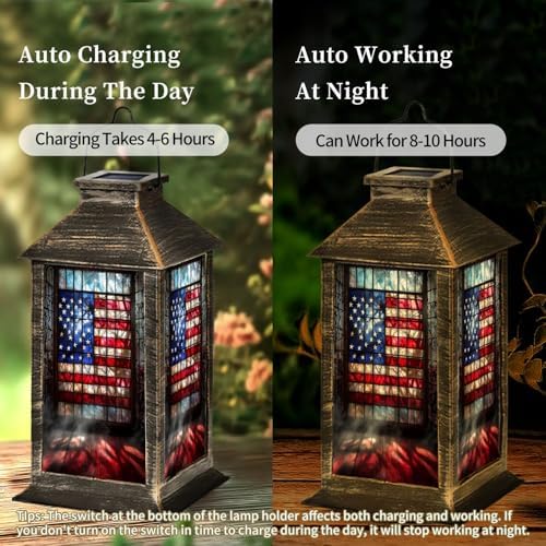 Solar Lantern Vintage Stained Glass American Flag Wrought Outdoor Waterproof Garden Hanging Lantern Solar Powered Lighting Outside Table Lamp for Patio Deck Camping 1 Pack - Image 3