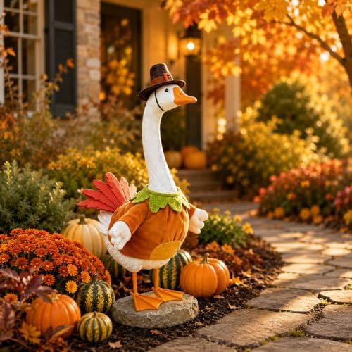 Thanksgiving Porch Goose Statue with 4 Outfits, 24in Resin Garden Decor - Image 4