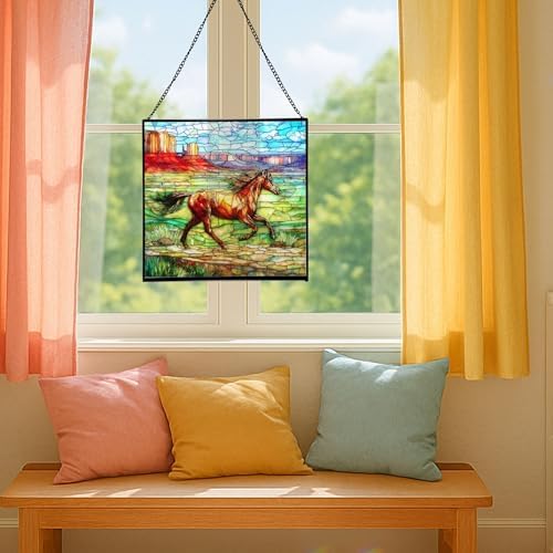 Brown Mustangs Horse cantering Through Open Canyon Floor Square Suncatcher – Stained Glass Style Window Panel with Pastoral Scene, Custom Decorative Hanging Art for Equestrian Home, Christmas WdEB2V - Image 4