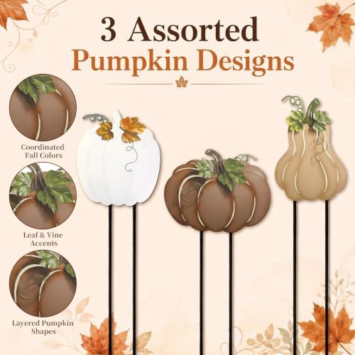 Hicarer 3 Pcs Fall Outdoor Decor Metal Pumpkin Yard Stakes Autumn Harvest - Image 3