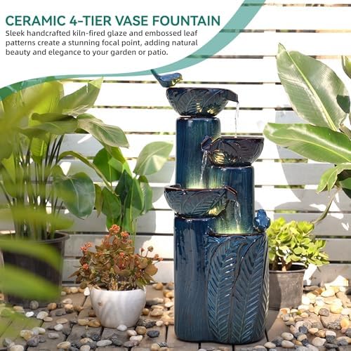 34" H Ceramic Outdoor Water Fountain with LED Lights, 4-Tier Bowl Water Feature with Birds, Teal Blue Glaze, Embossed Leaf Pattern, Cascading Waterfall for Tranquil Garden, Patio, or Porch - Image 4