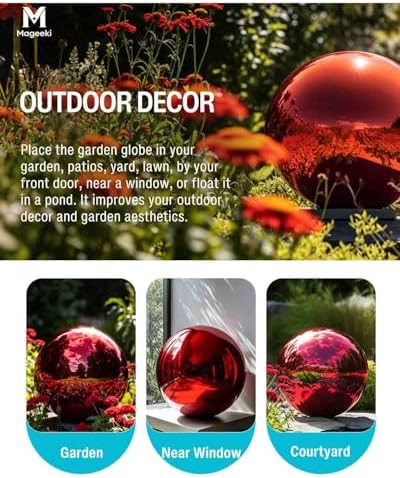 12 Inch Stainless Steel Gazing Ball, Red Mirror Sphere for Garden Décor - Image 3