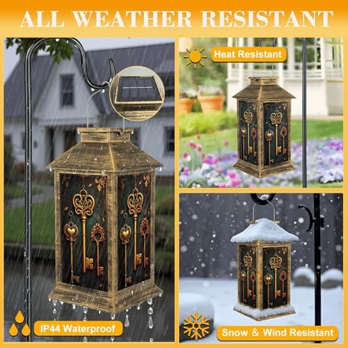 Solar Lantern Outdoor Garden Hanging Lantern Ornate Vintage Skeleton Keys Baroque Gold Bronze Tones Waterproof Solar Powered Lighting Outside Table Lamp for Patio Deck Yard Camping - Image 3