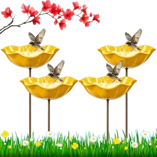 4PC Handmade Metal Flower Garden Stake, Outdoor Bird Bath and Butterfly Watering Station, Bee Watering Flower Stake for Garden Yard, Metal Flower Garden Stakes Bird Bath (Yellow) by Lubunet