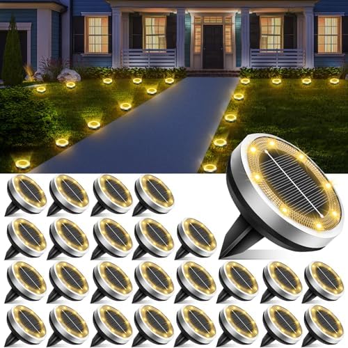 Solar Lights Outdoor Waterproof, 26 Pack 8 LED, Thickened Stainless Steel Ground Light, Solar Garden Lights Landscape Lighting for Patio Pathway Lawn Yard Deck Driveway Walkway, Warm White by Lightkeeys