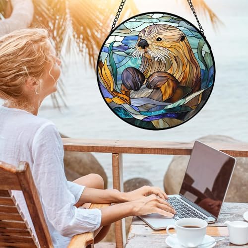 Sea Otter Stained Glass Window Hanging Suncatcher Gifts for Women 15" - Image 4