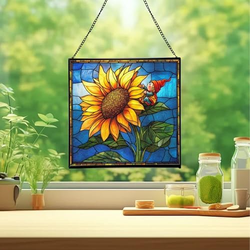 Sunflower Climb Gnome Stained Glass Suncatcher – Square Hanging Window Panel for Home or Greenhouse – Whimsical Glass Art Gift for Garden Lovers, Christmas, Halloween, Father Days 6Bzlqz - Image 2