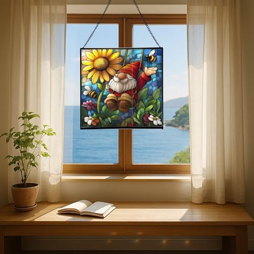 Gnome and Daisy Swing Stained Glass Suncatcher – Square Hanging Window Panel for Home or Greenhouse – Whimsical Glass Art Gift for Garden Lovers, Christmas, Halloween, Father Days T6RMkB - Image 6
