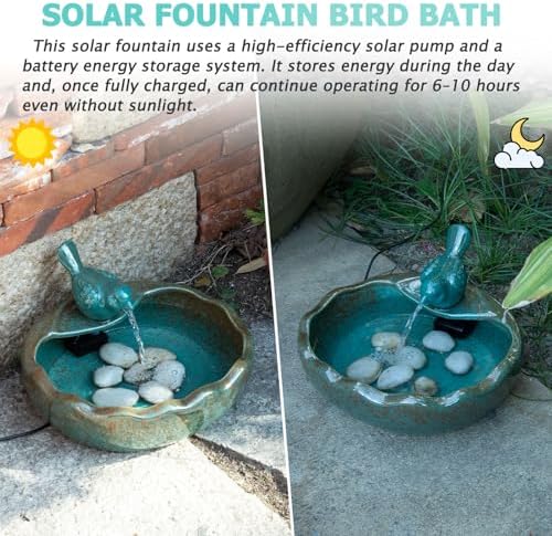 Ceramic Solar Fountain Bird Bath with Battery Backup,Solar Garden Fountain - Image 5