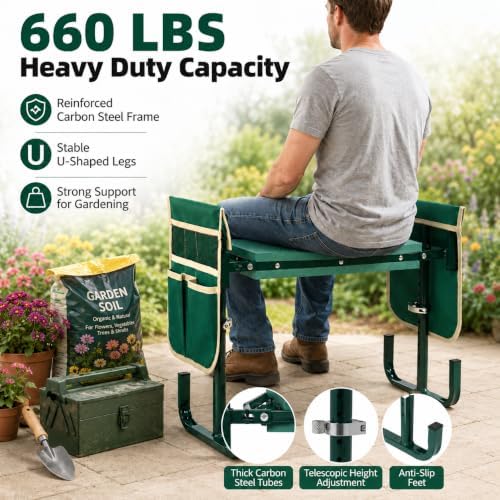 Garden Kneeler and Seat, 2-in-1 Folding Gardening Stool with 5 Adjustable Heights, 660 lbs Heavy Duty Steel Frame and 2 Tool Pouches - Image 5
