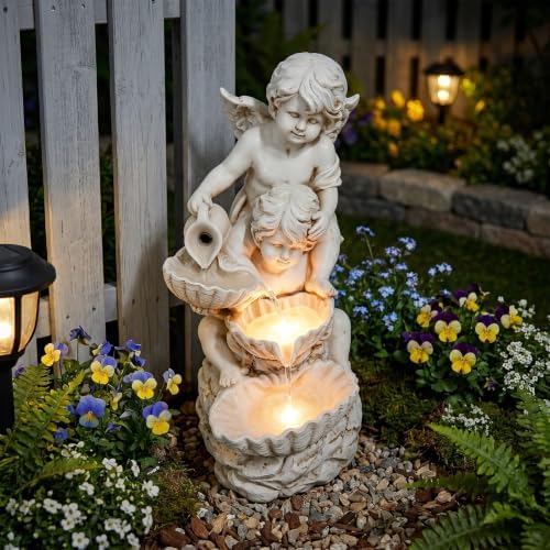 15.7" High 3-Tiers Cascading Rock Outdoor Water Fountain with LED Lights, Large Freestanding Fountains and Waterfalls for Garden, Patio, Yard, and Deck Decor with Featuring Natural Stone Look by Unknown