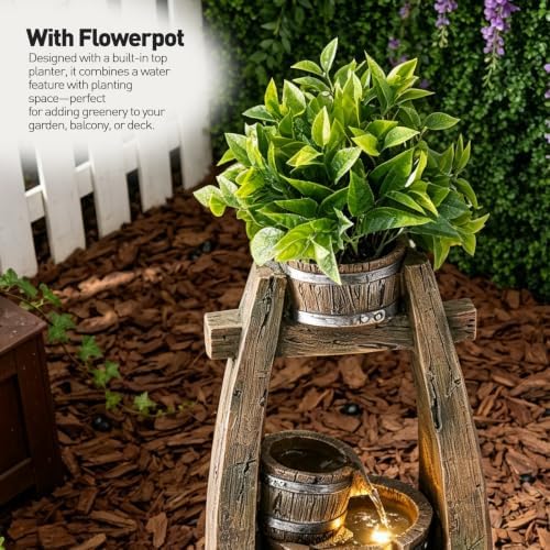 18.9" H Rustic Barrel Outdoor Fountain with Planter Bowl & 4-Tier Cascading Water Feature Low-Maintenance Garden Water Feature- LED- Suitable for Yard, Deck, Backyard Decor - Image 5