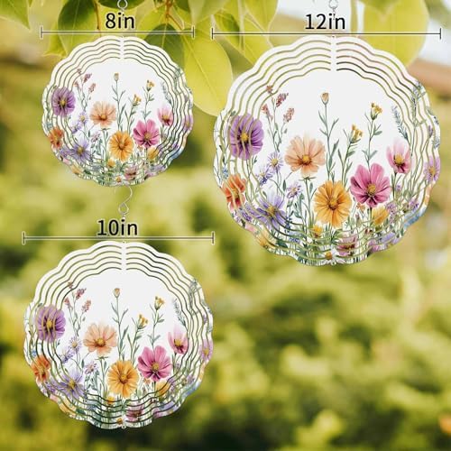 Wind Spinners for Yard Garden, Country Flower Leaf Watercolor Plant 3D Stainless Steel Round Hanging Spinners Indoor Outdoor Kinetic Yard Art,12 Inch, Wildflower Floral - Image 2