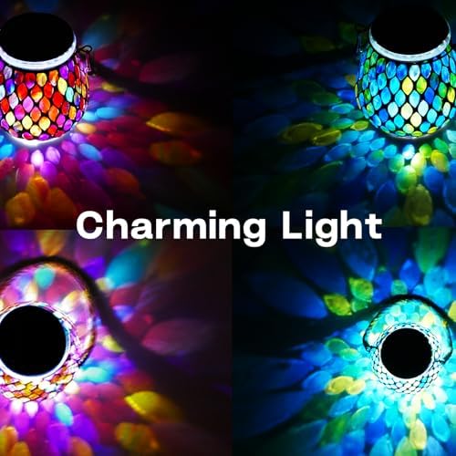 2 Pack Mosaic Blue & Red Solar Lanterns, Outdoor Glass Hanging Lights, Waterproof, Solar Table Lamps, Christmas Gifts for Women Mom Grandma, Night Lights, Decoration for Garden, Patio, Outdoor Decor - Image 3