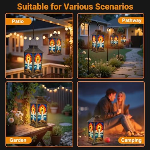 Solar Lantern Outdoor Waterproof Stained Glass Lighthouse Radiant Sunset Ocean Waves Garden Decor LED Hanging Solar Lights Tabletop Lamp Gifts for Women Mom Outside Yard Patio Porch - Image 6