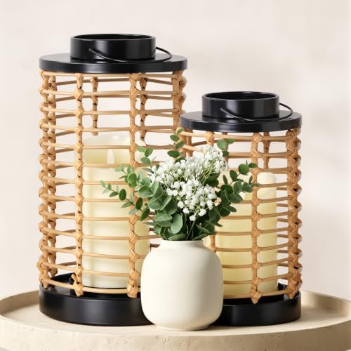 Rattan Lanterns Decorative Indoor 2p, Cylindrical Handmade Candle Lantern by Treory