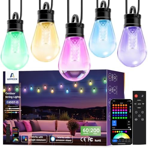 APPECK RGBW Outdoor String Lights 200ft, Smart Patio Light with 60 LED Bulb by APPECK